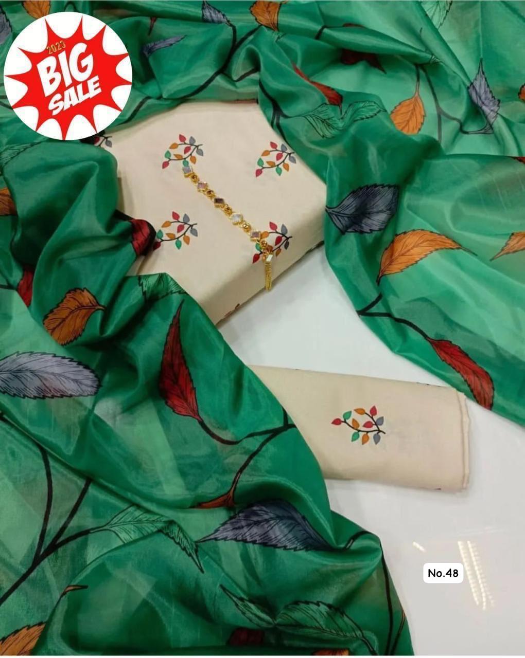 Embroidered Cotton Kurti with Green Leaf Print Organza Dupatta - Elegant Women&