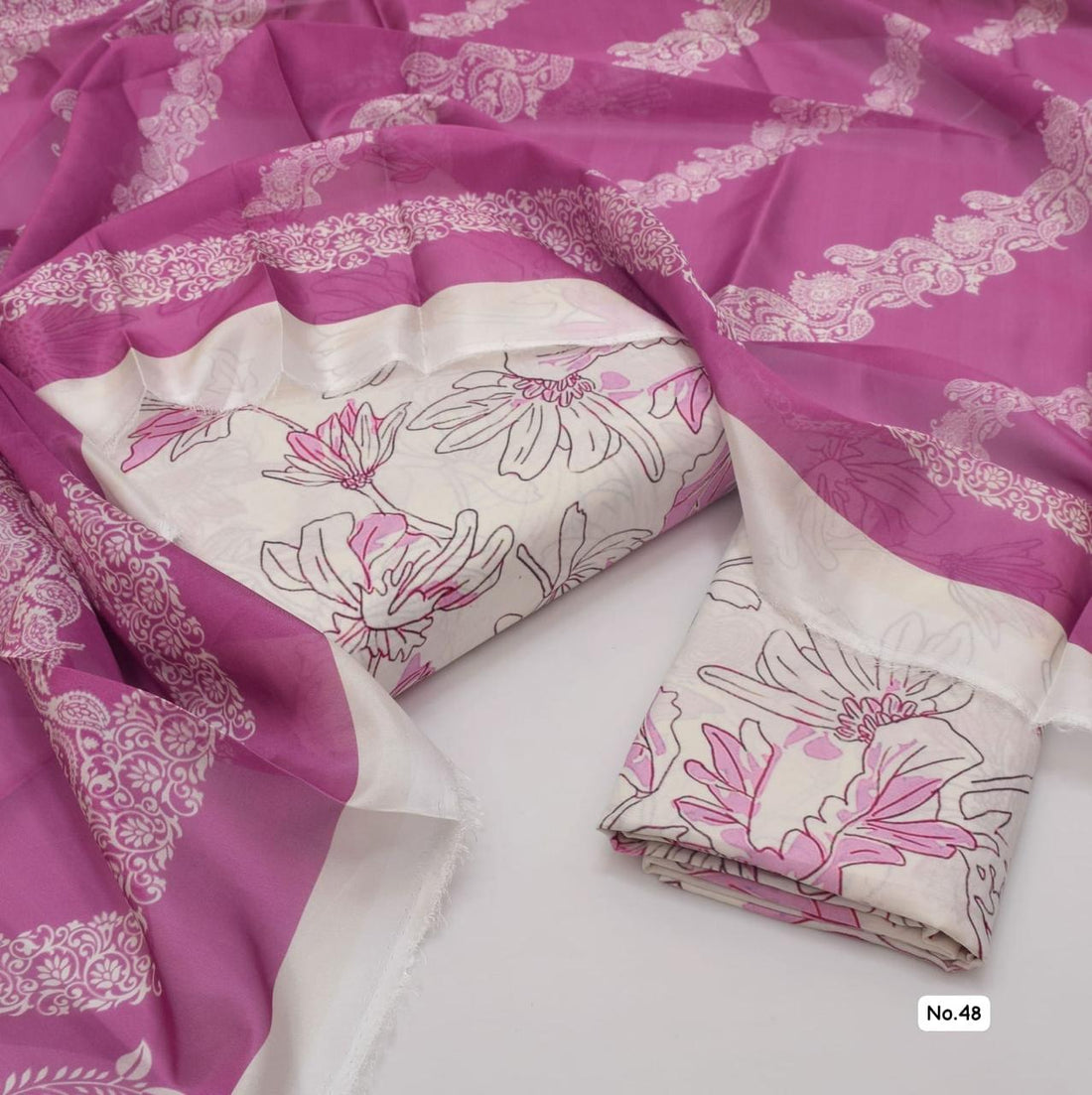 Elegant White and Lavender Floral Cotton Suit with Lace Embellished Dupatta - Fashion Home Store