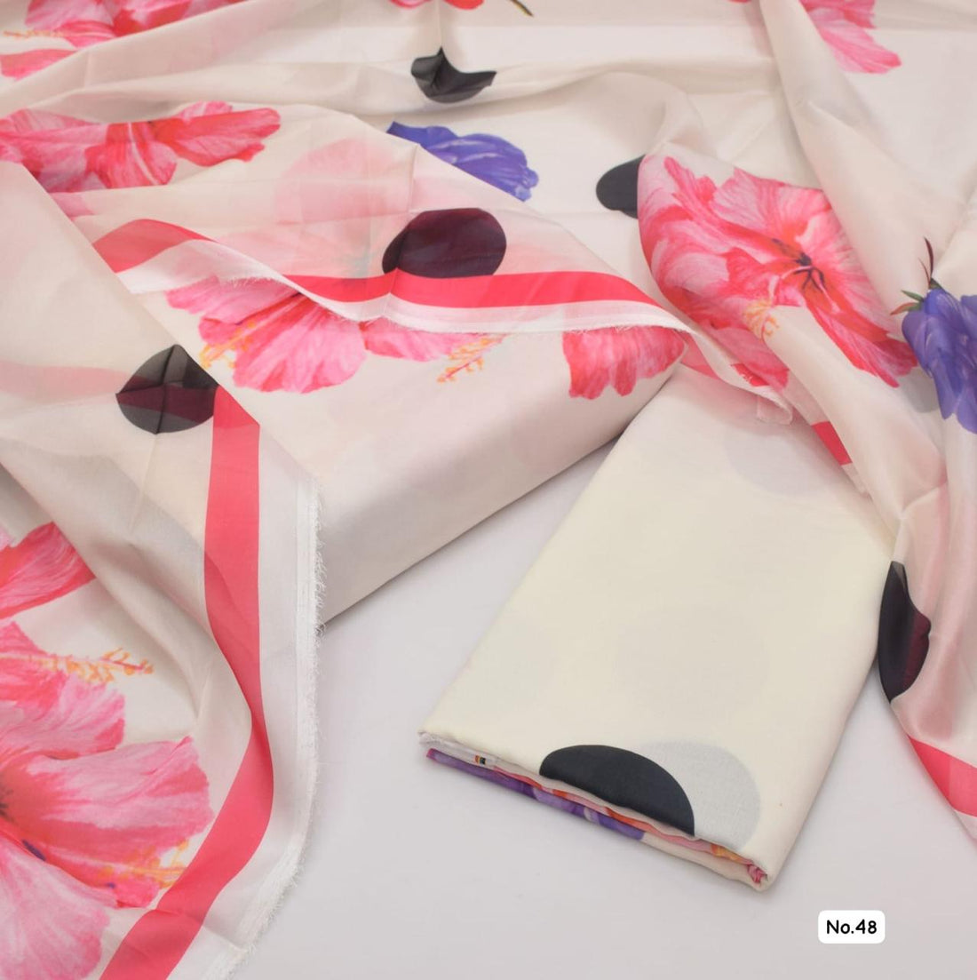 Elegant Cream Cotton Suit with Vibrant Floral & Polka Dot Pattern - Fashion Home Store