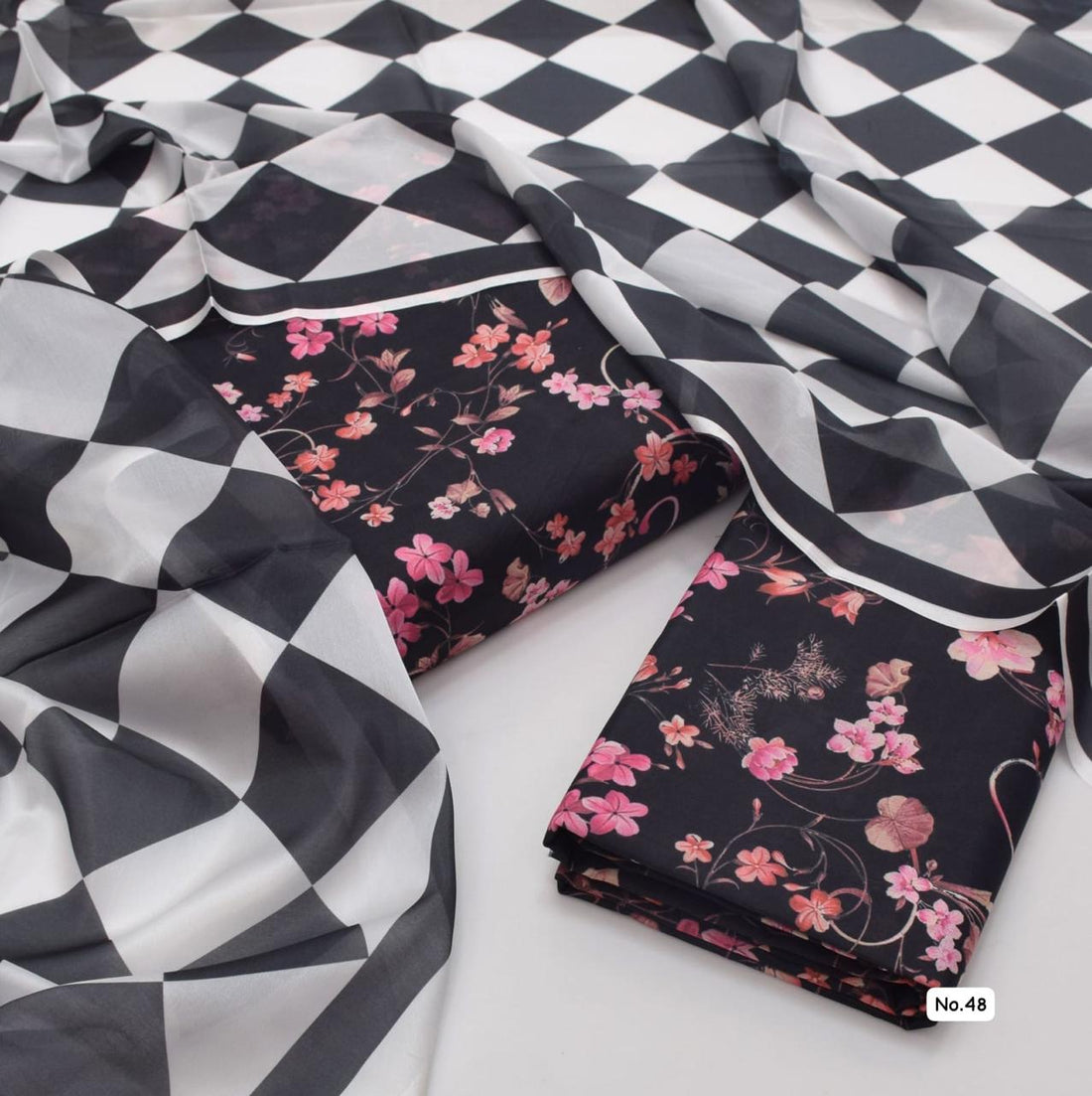 Elegant Black Floral Cotton Suit with Bold Geometric Dupatta
