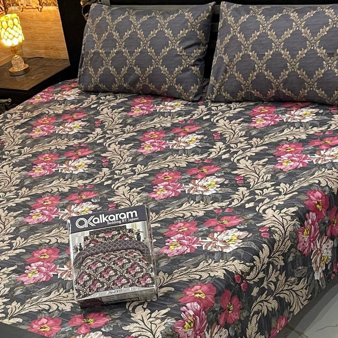 Charcoal Gold Floral Cotton Bedsheet Set – Timeless Elegance