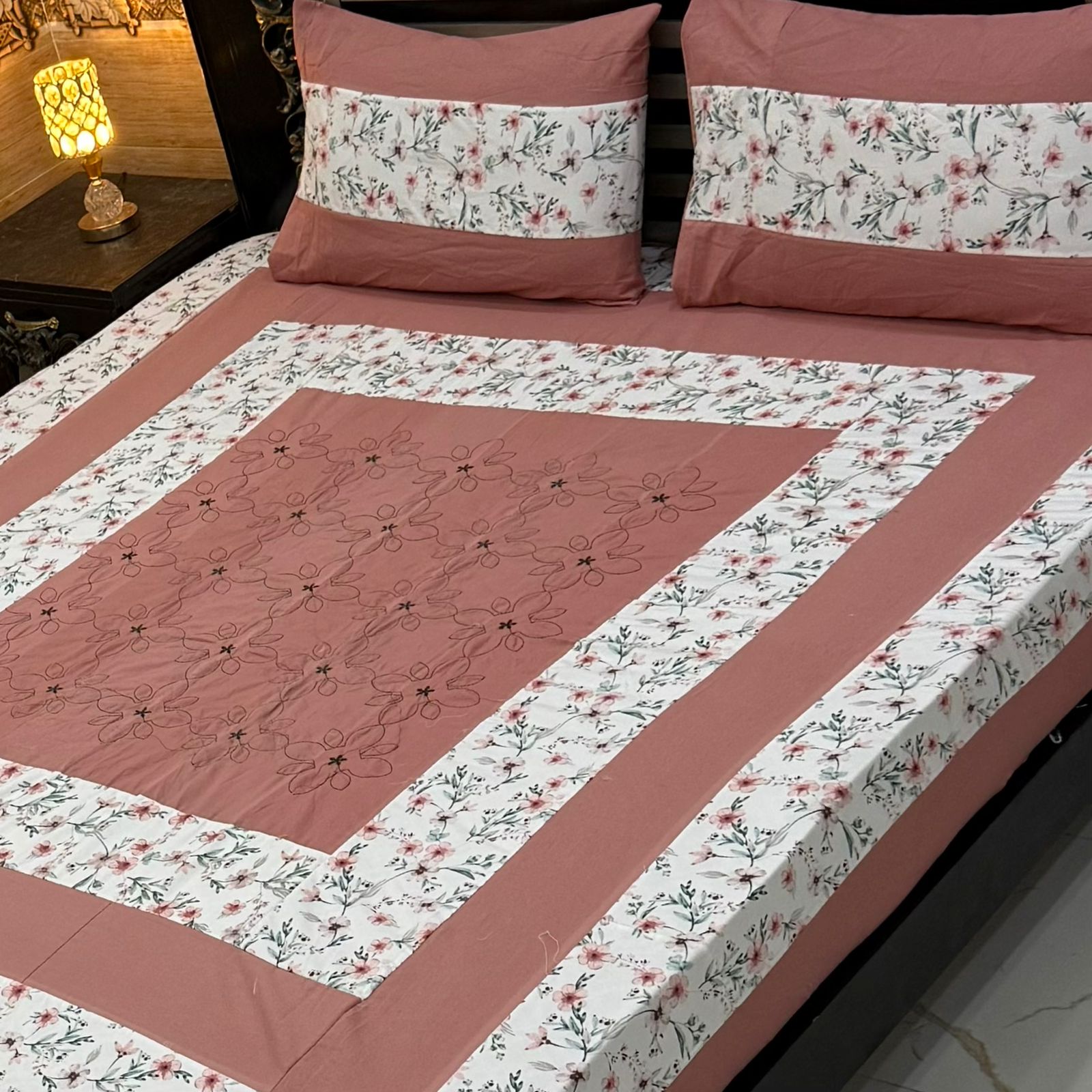 Blush Bloom Embroidered Patchwork Bedsheet Set