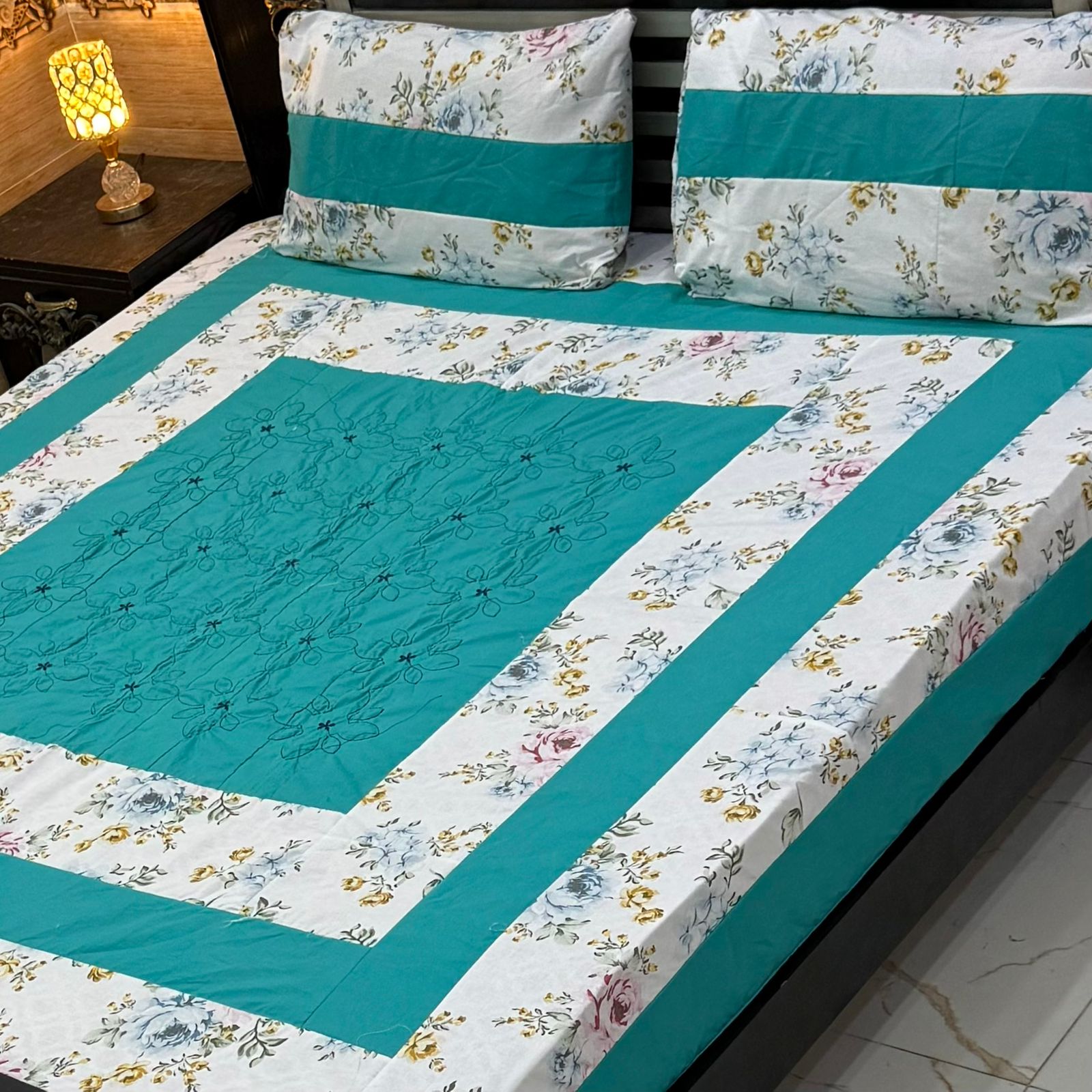 Aqua Blossom Embroidered Patchwork Bedsheet Set
