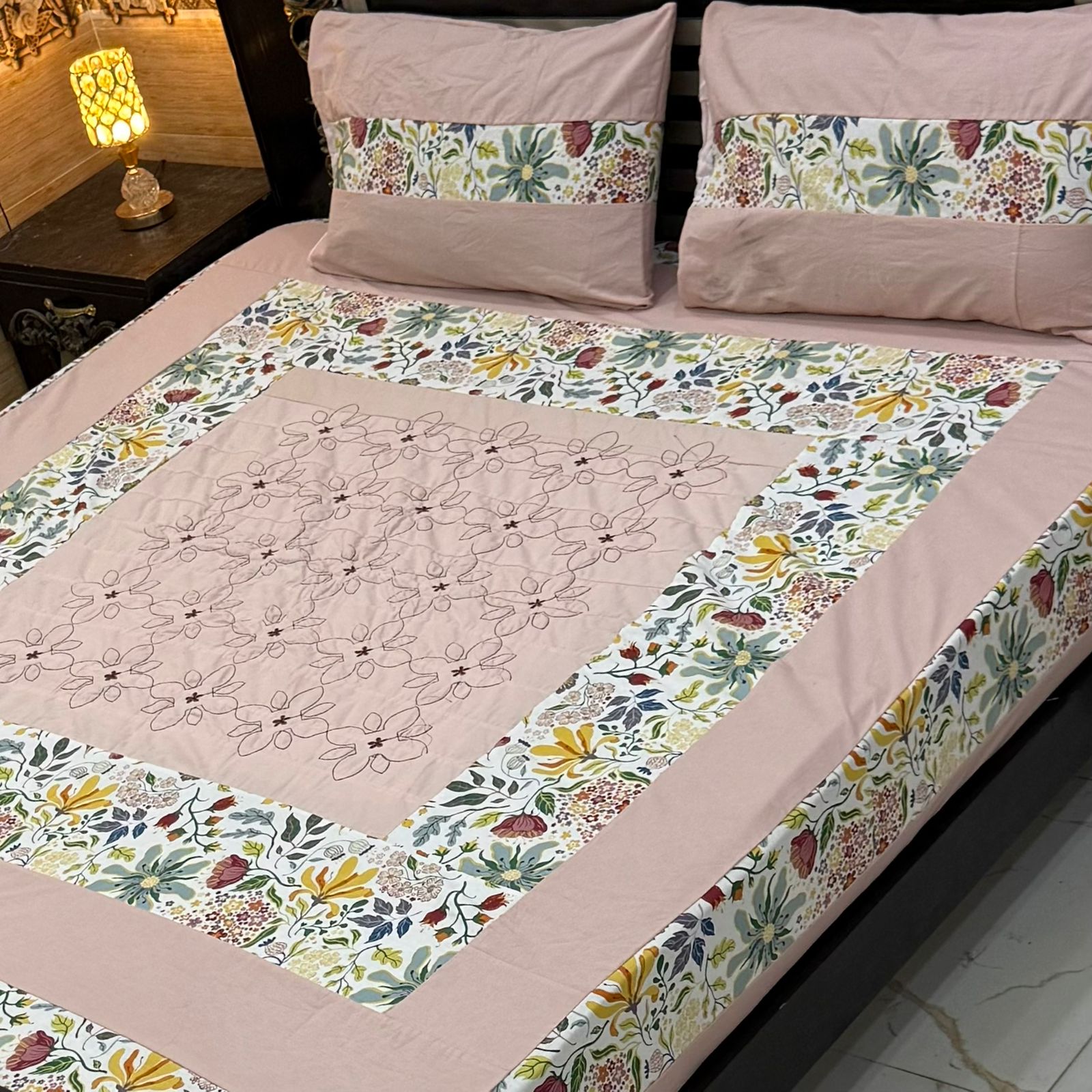 Blush Pink &amp; Multicolor Floral Embroidered Patchwork Bedsheet Set