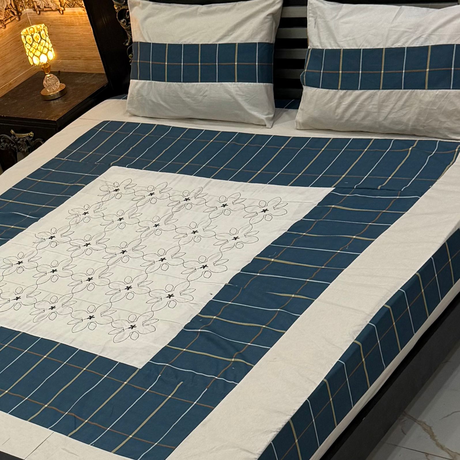 Midnight Grid Embroidered Patchwork Bedsheet Set