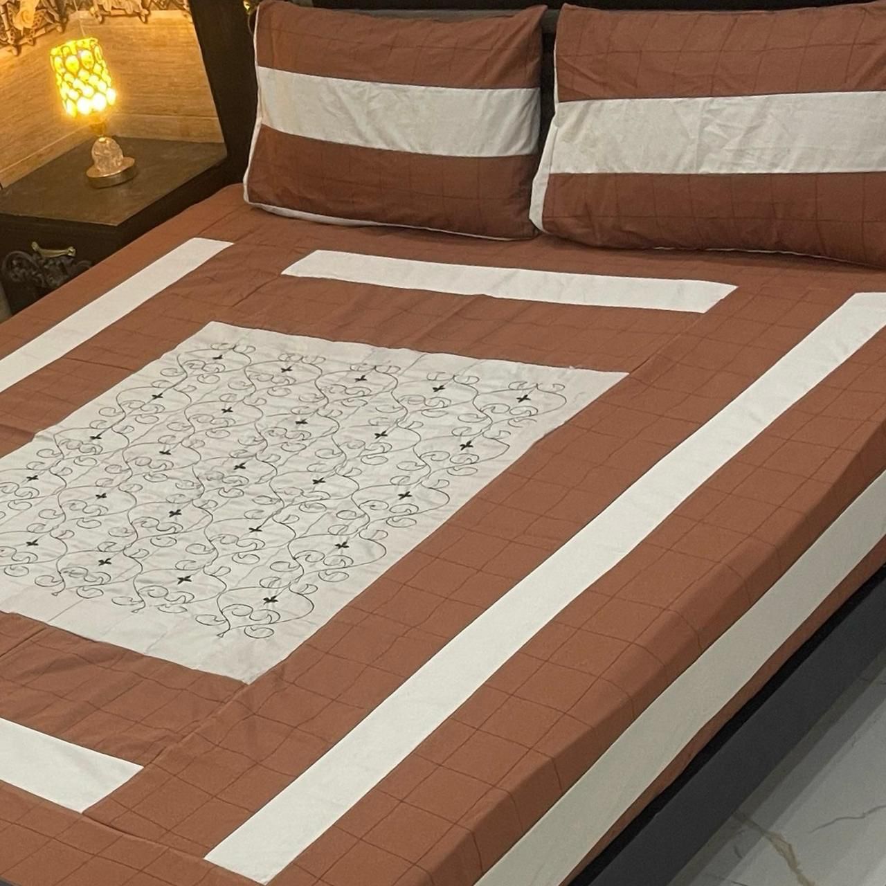 Mocha Grid Embroidered Patchwork Bedsheet Se