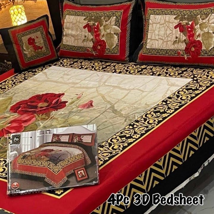 Luxury 4-Piece 3D Floral Bed Sheet Set – Red &amp; Gold Elegance