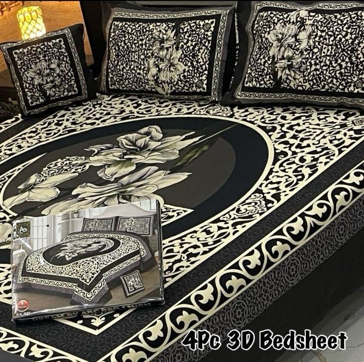Black &amp; Ivory Floral Majesty – 4-Piece 3D Bed Sheet Set