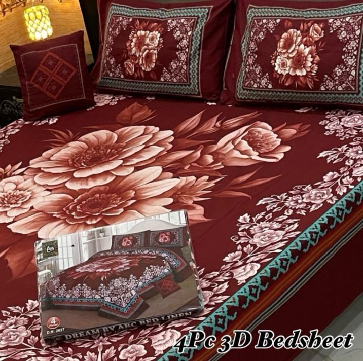Maroon Bloom Elegance – 4-Piece 3D Bed Sheet Set