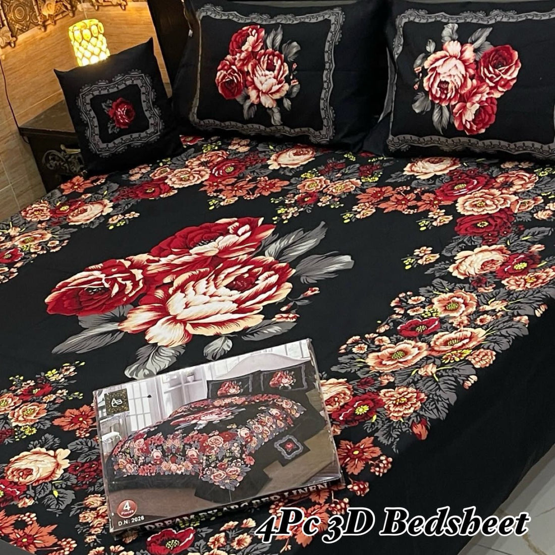 Midnight Rose Bloom – 4-Piece 3D Bed Sheet Set