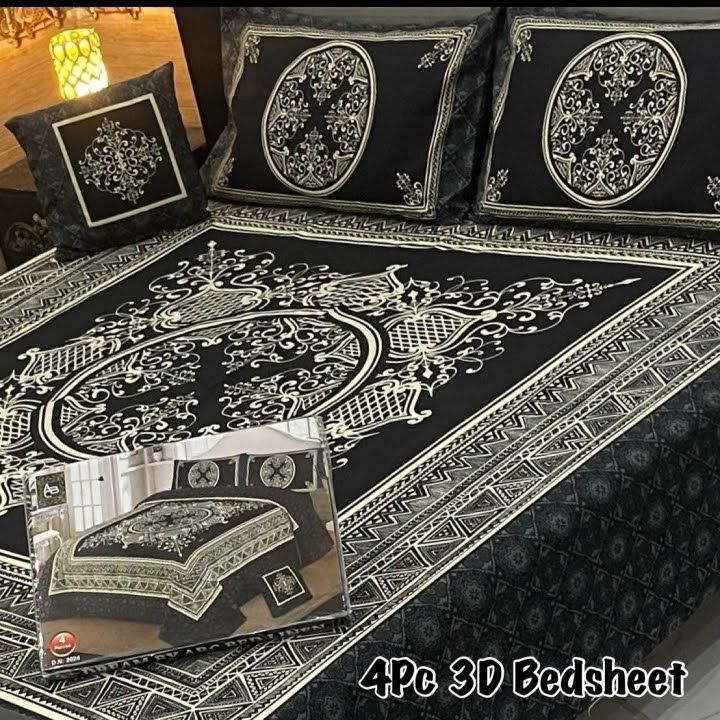 Noir Royale Elegance – 4-Piece 3D Bed Sheet Set