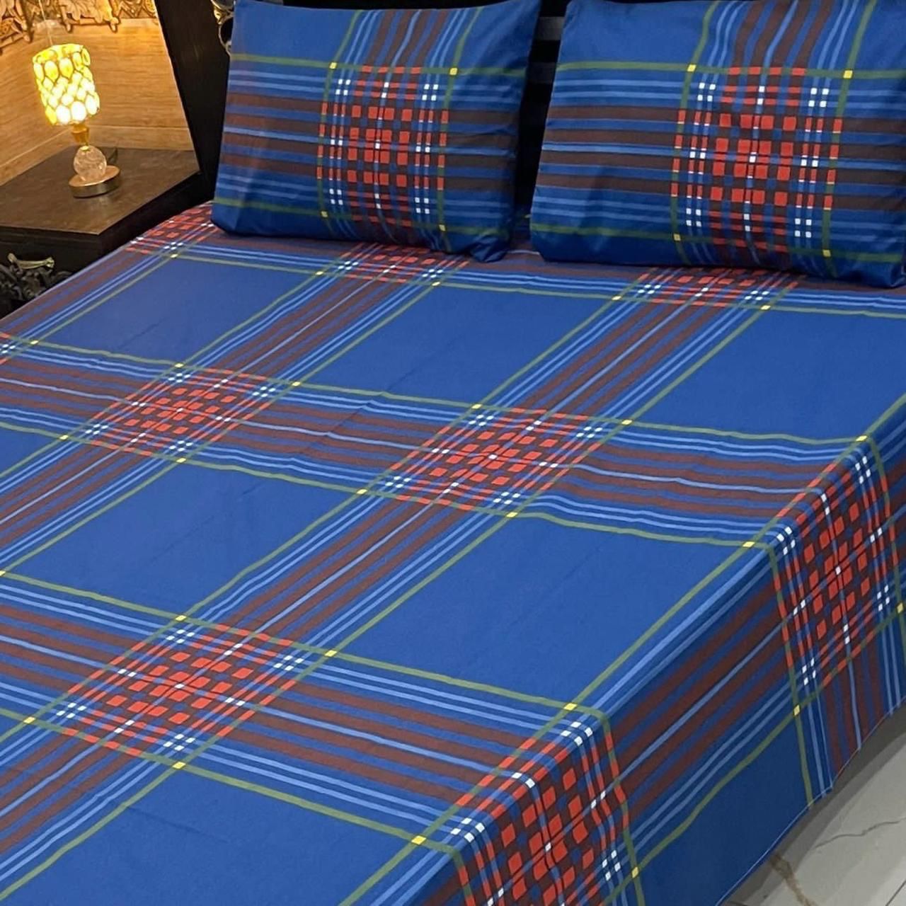 Royal Grid Blue Soft Crystal Cotton Bed Sheets