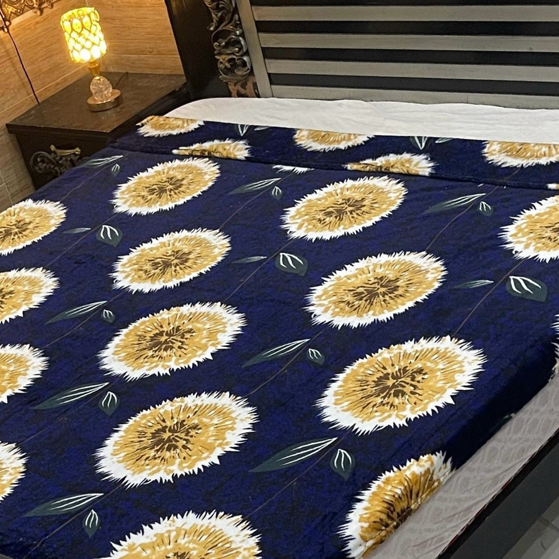 Navy Blue &amp; Mustard Dandelion Printed AC Blanket – Soft Fleece Double Bed Size