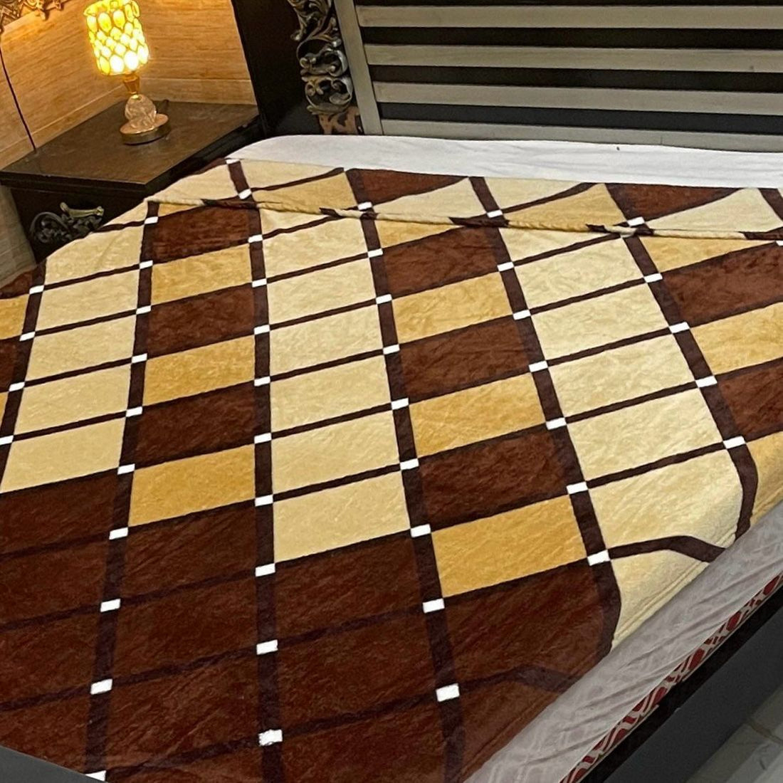 Brown &amp; Beige Checkered AC Blanket – Soft Fleece Double Bed Size