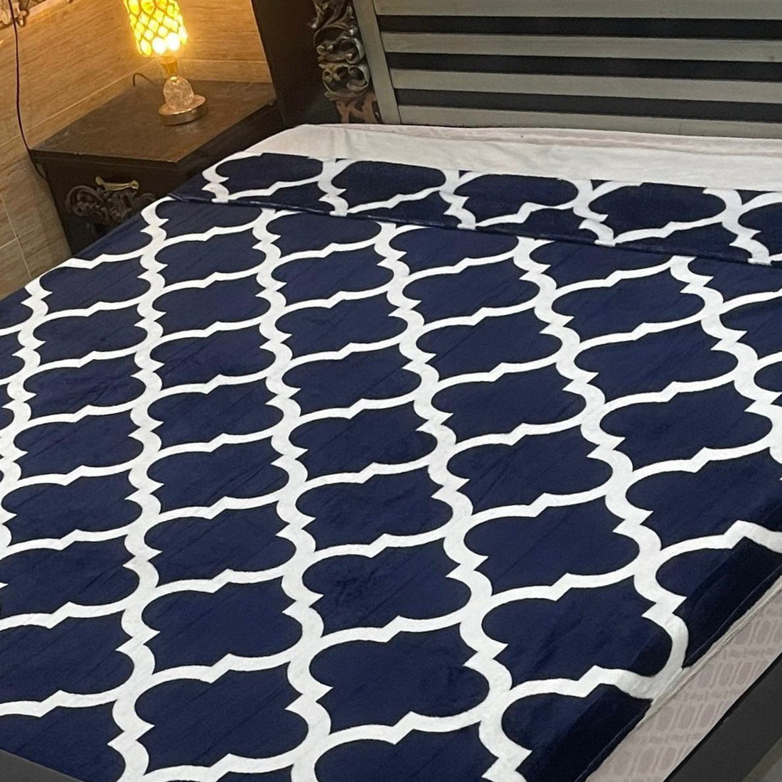 Navy Blue Moroccan Pattern AC Blanket – Soft Fleece Double Bed Size