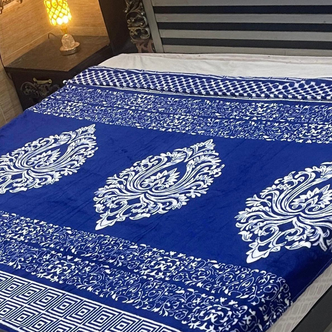 Royal Blue Ornamental AC Blanket – Soft Fleece Double Bed Size