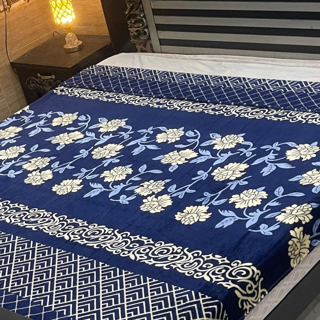 Navy Blue Floral Border AC Blanket – Soft Fleece Double Bed Size