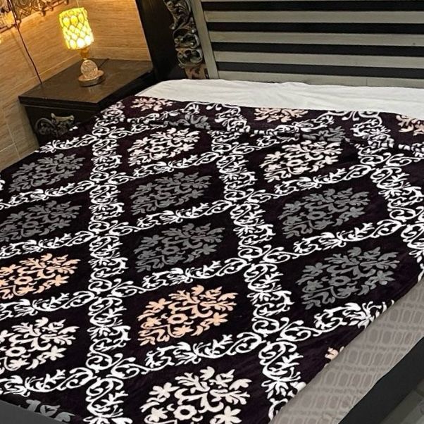 Dark Maroon &amp; Grey Motif AC Blanket – Soft Fleece Double Bed Size