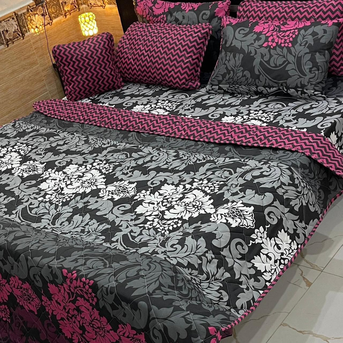 Baroque Black &amp; Pink Floral Bedding – 7PC Summer Comforter Set