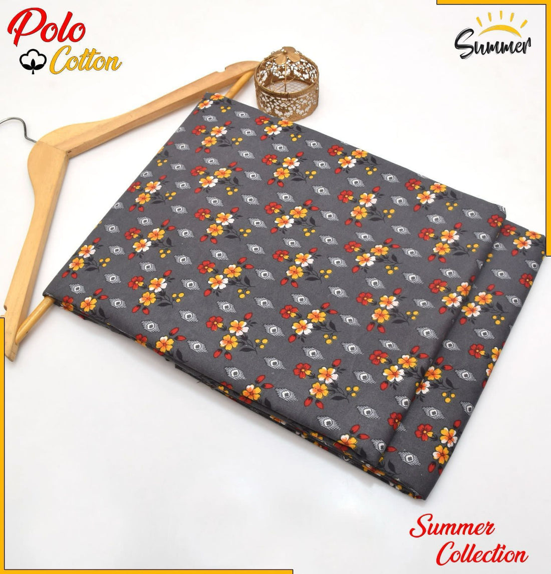 Charcoal Grey Floral Dot  2PC Printed Women Unstitched – Polo Cotton