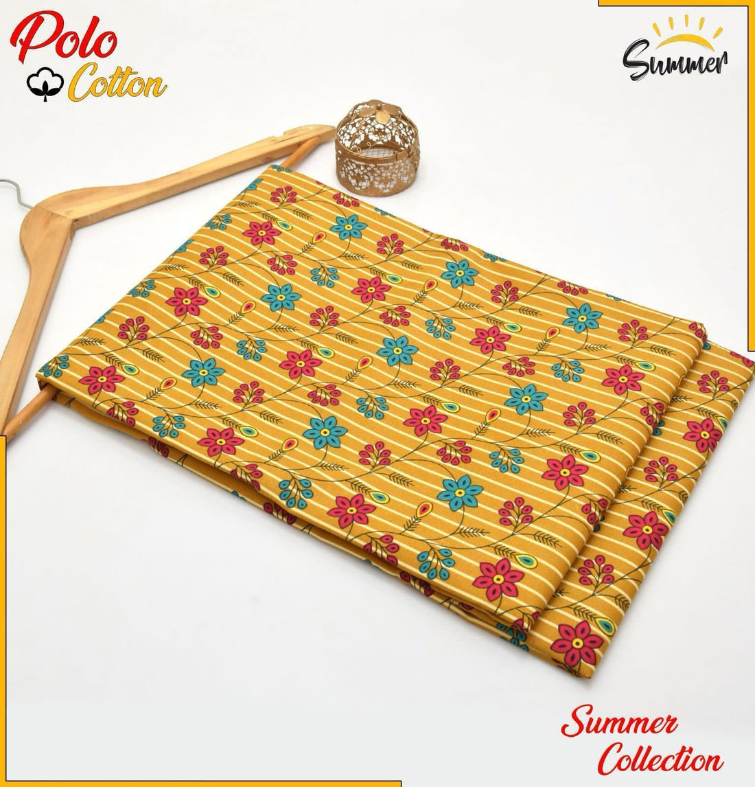 Golden Yellow Striped Floral  2PC Printed Women Unstitched – Polo Cotton - Fashion Home Store
