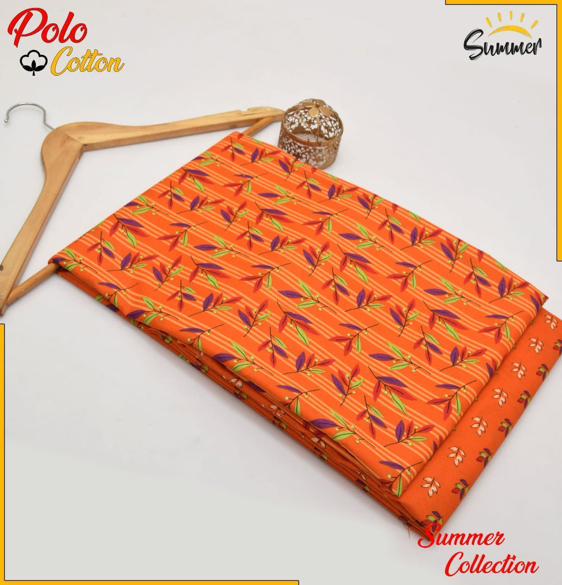 Orange Striped Leaf  2PC Printed Women Unstitched – Polo Cotton