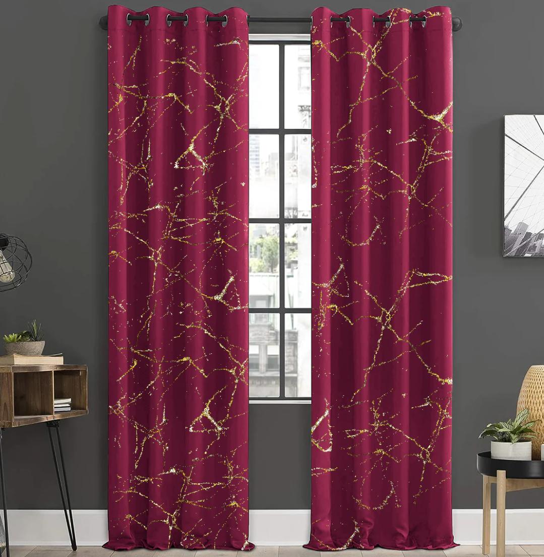 Luxurious Maroon Velvet Curtains with Elegant Golden Marble Design