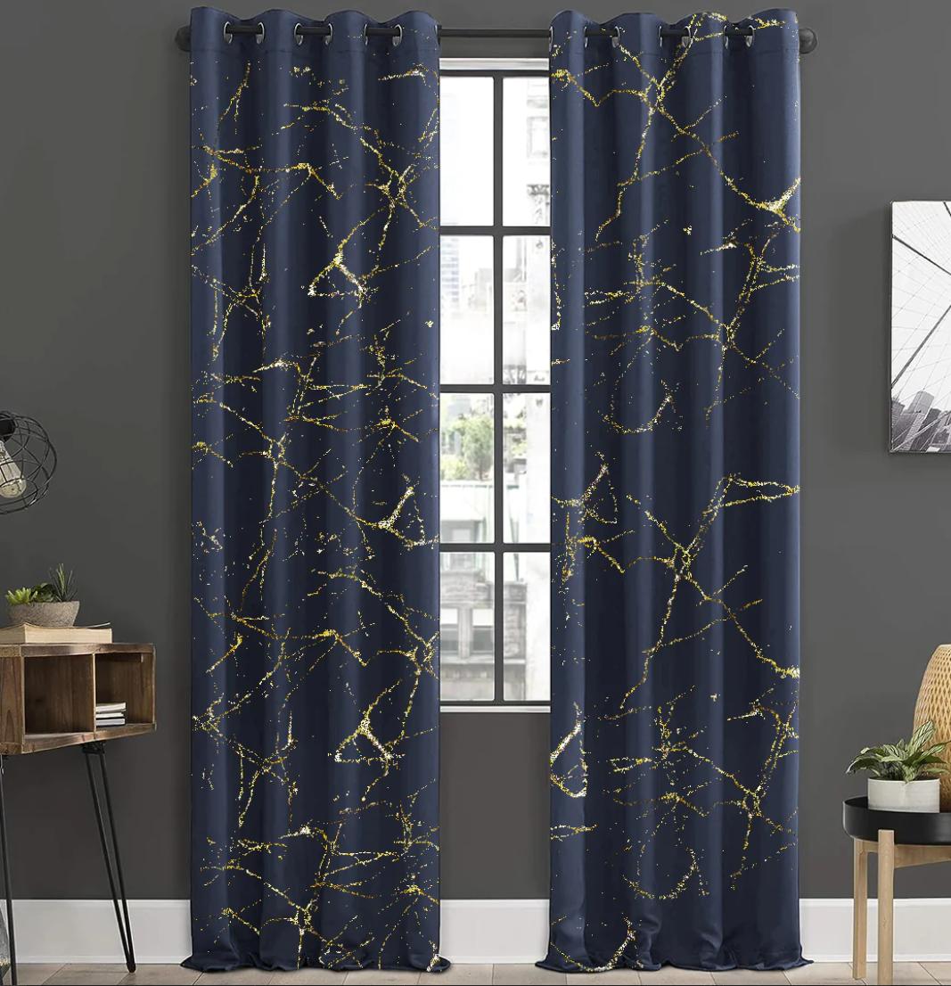 Midnight Blue Gold Marble Blackout Curtains – Luxury Thermal Window Panels (Set of 2)
