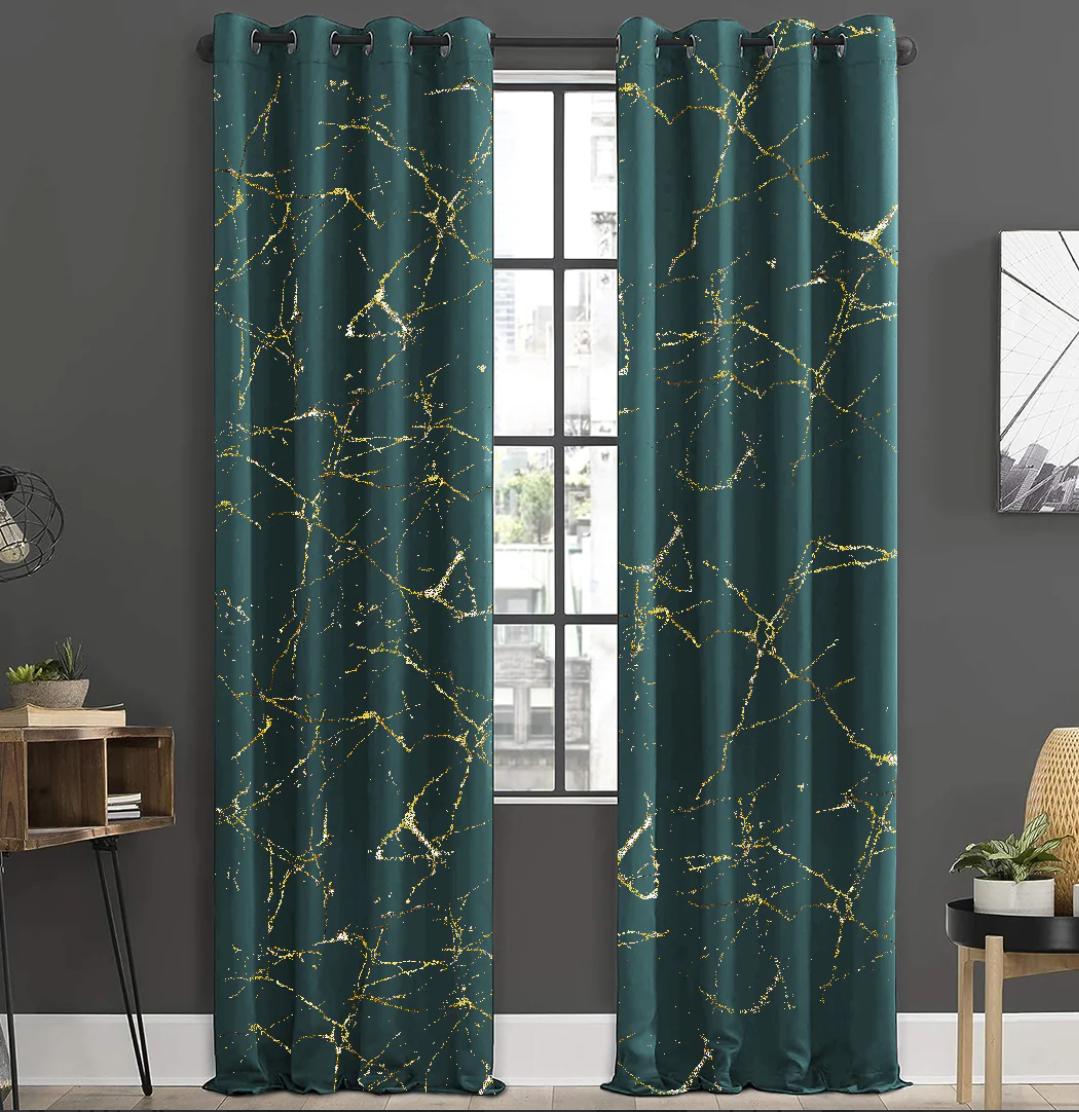 Luxury Emerald Green Curtains with Gold Marble Pattern – Blackout Thermal Window Drapes (2 Panels)