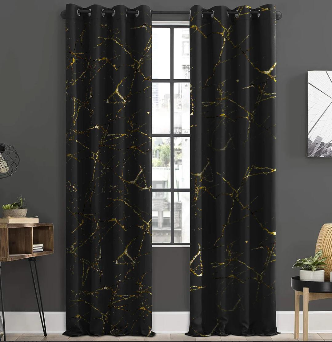 Luxury Black Marble Print Blackout Curtains with Gold Veins – Modern Room Darkening Drapes