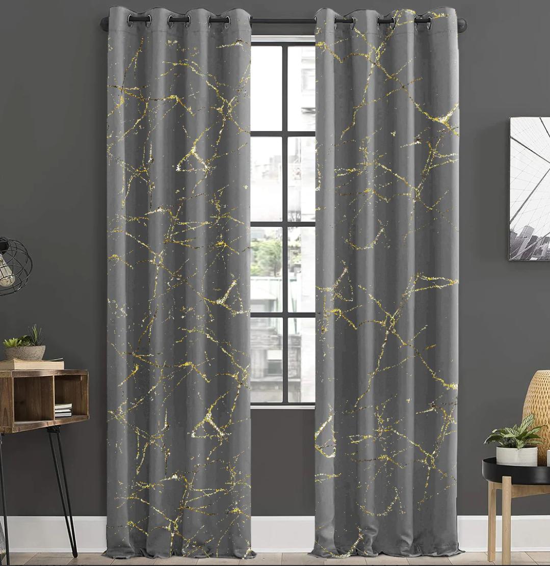 Modern Gray &amp; Gold Marble Blackout Curtains – Elegant Thermal Room Darkening Panels (Set of 2)