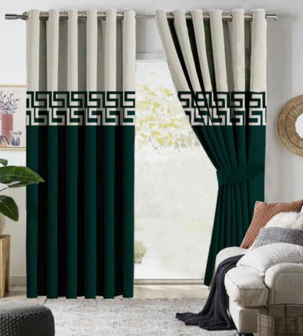 Geometric Emerald Green & Cream Velvet Designed Curtain Pair - Fashion Home Store