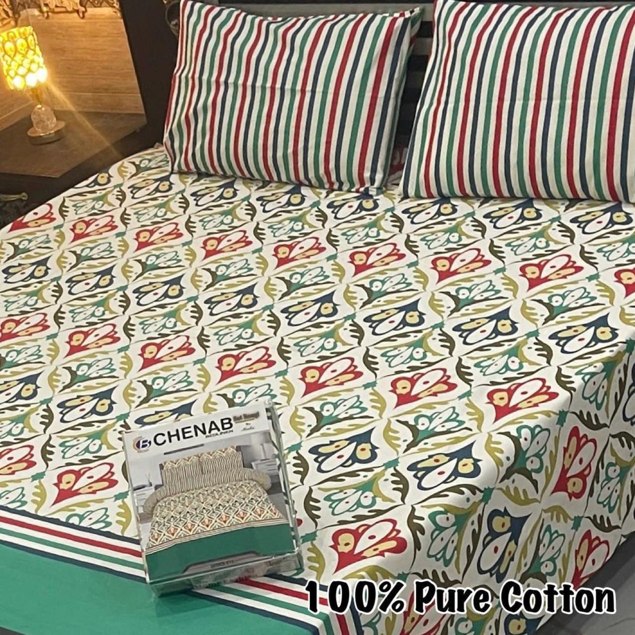 Cream Abstract Leaf Premium Cotton Bed Sheet with Multi-Striped Pillow Covers
