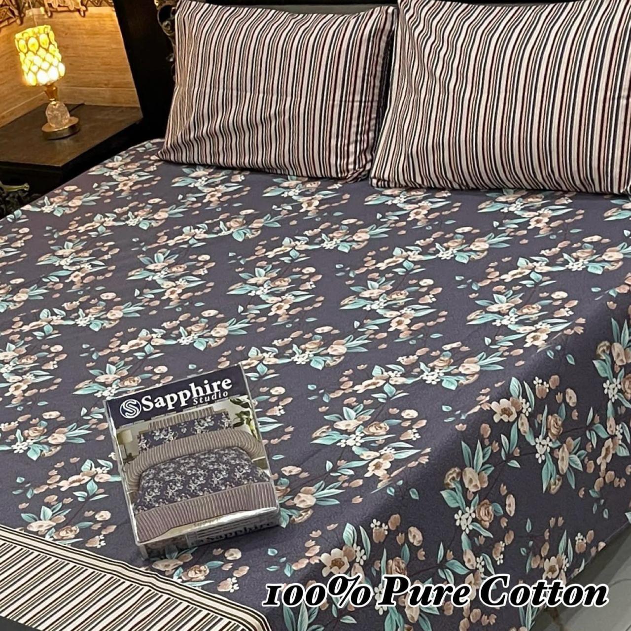Peach Floral Print Premium Cotton Bed Sheet