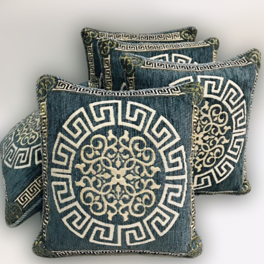 FH Home Store Teal Blue Jacquard Pattern 05PC Cushion Cover Set