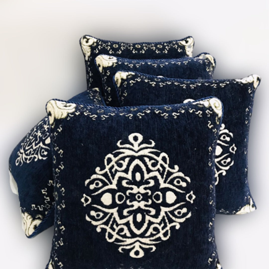 FH Home Store Navy Blue Embroidered Jacquard 05PC Cushion Cover Set