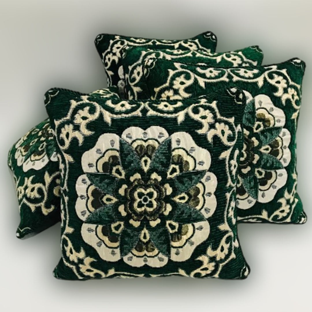 FH Home Store Emerald Green Velvet Jacquard 05PC Cushion Cover Set