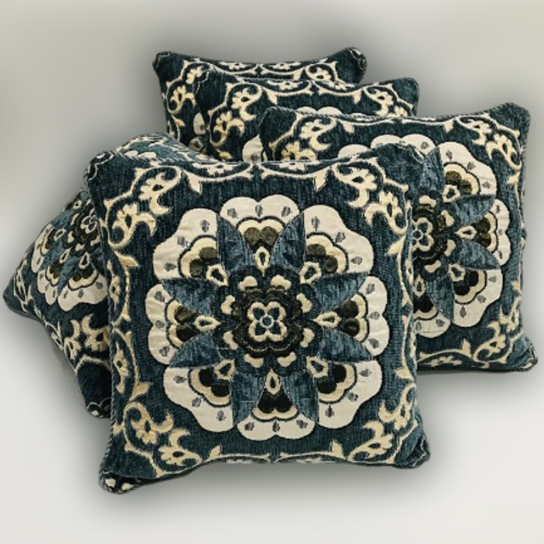 FH Home Store Teal &amp; Gold Jacquard Pattern 05PC Cushion Cover Set