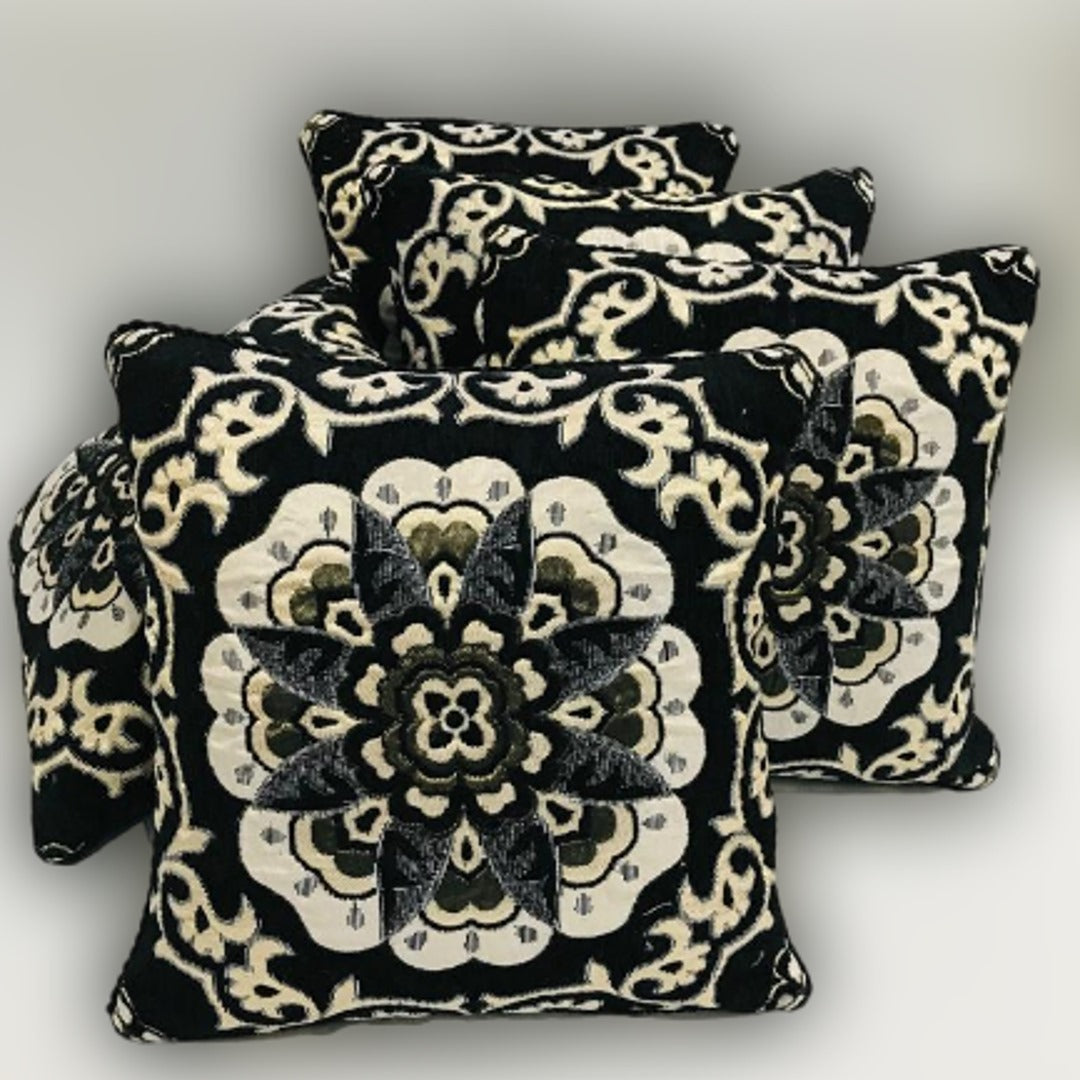 FH Home Store Black &amp; Cream Floral Jacquard 05PC Cushion Cover Set