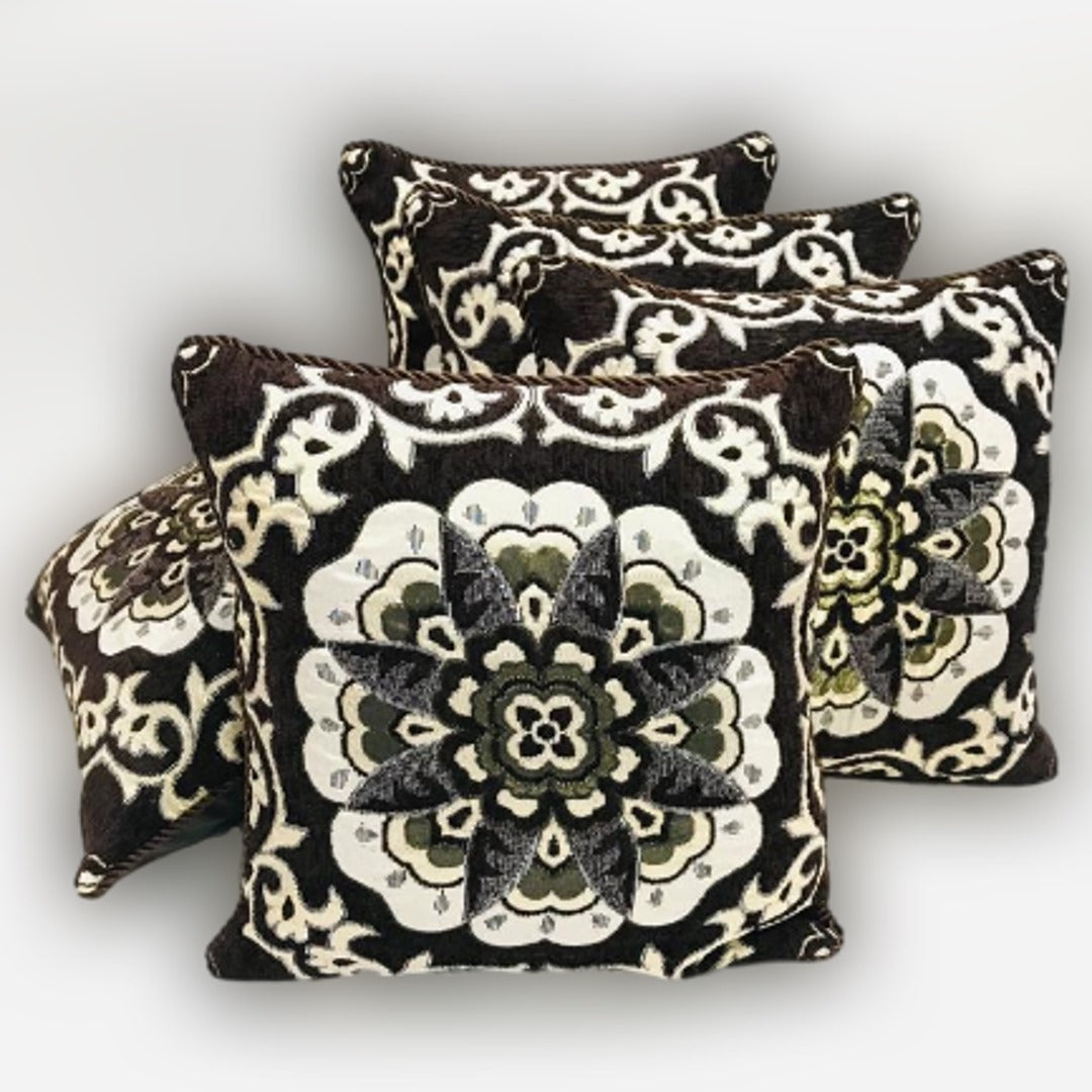 FH Home Store Dark Brown Floral Jacquard 05PC Cushion Cover Set