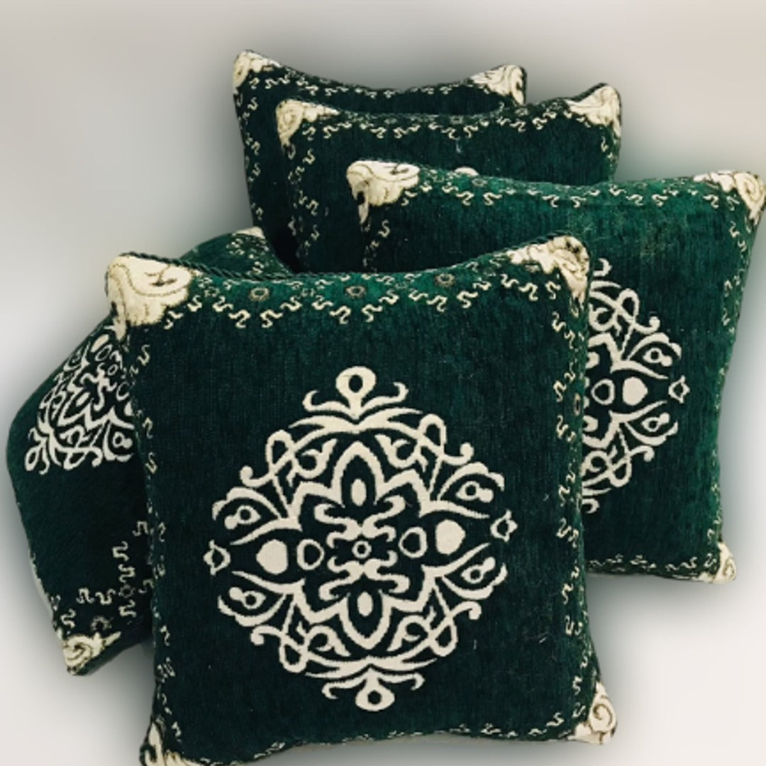 Emerald Green & Ivory Embroidered Velvet 5-Piece Cushion Cover Set - Fashion Home Store