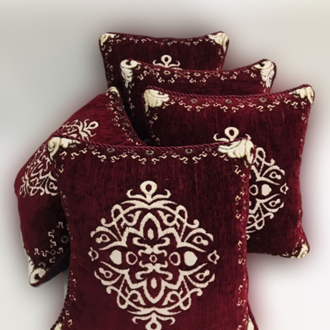 Rich Maroon &amp; Cream Embroidered Velvet 5-Piece Cushion Cover Set