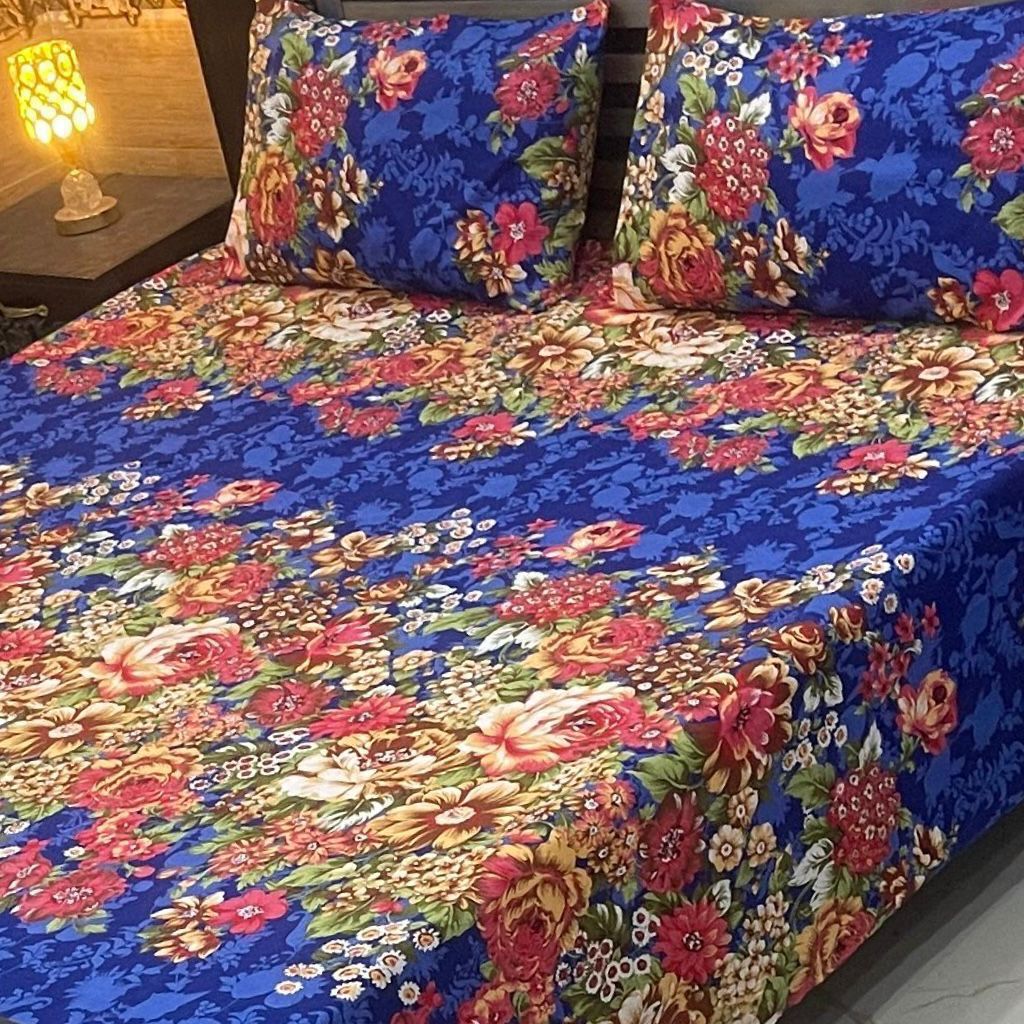 Flowers Print Soft Crystal Cotton Bed Sheet – Blue  Love Edition