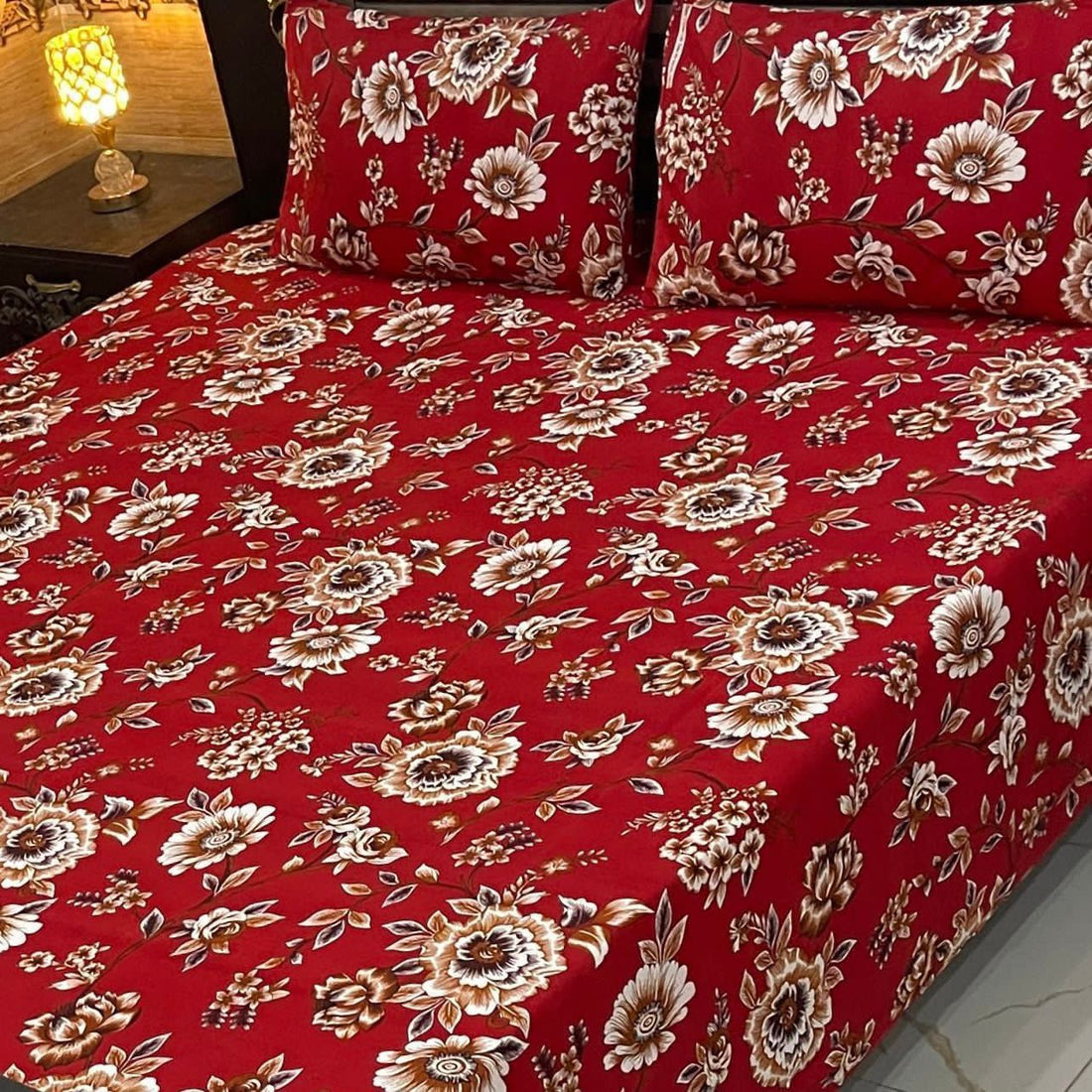 Red color white flowers  Soft Crystal Cotton Bed Sheet – Elegant Checkered Design