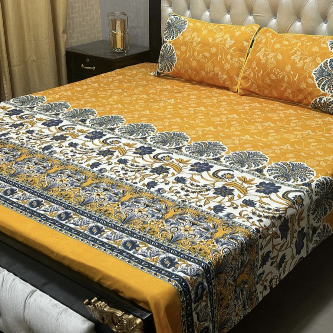 Soft Crystal Cotton Bed Sheets - Royal Blue Floral King Size
