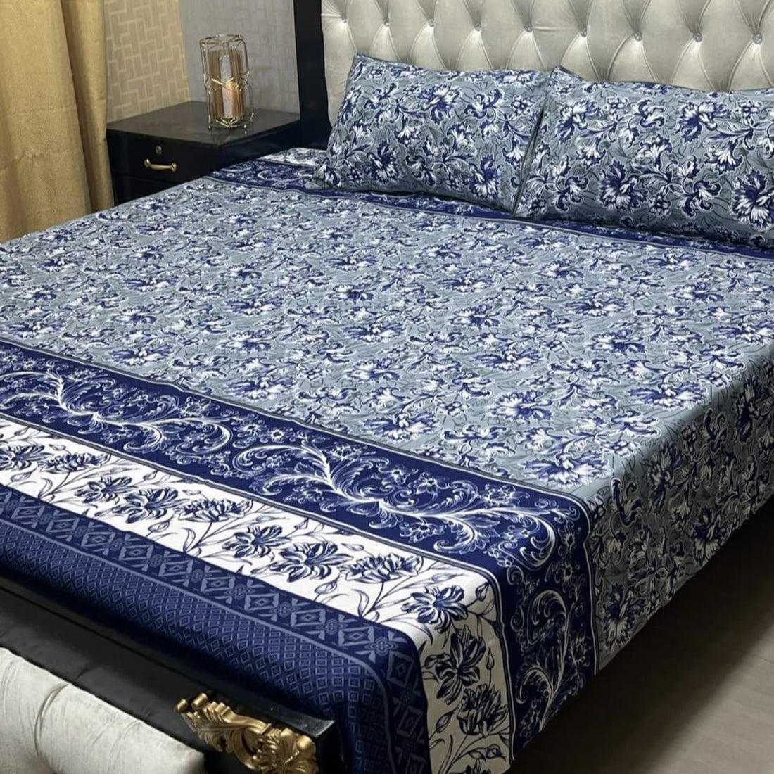 Soft Crystal Cotton Bed Sheets - Elegant Blue &amp; Maroon Floral King Size