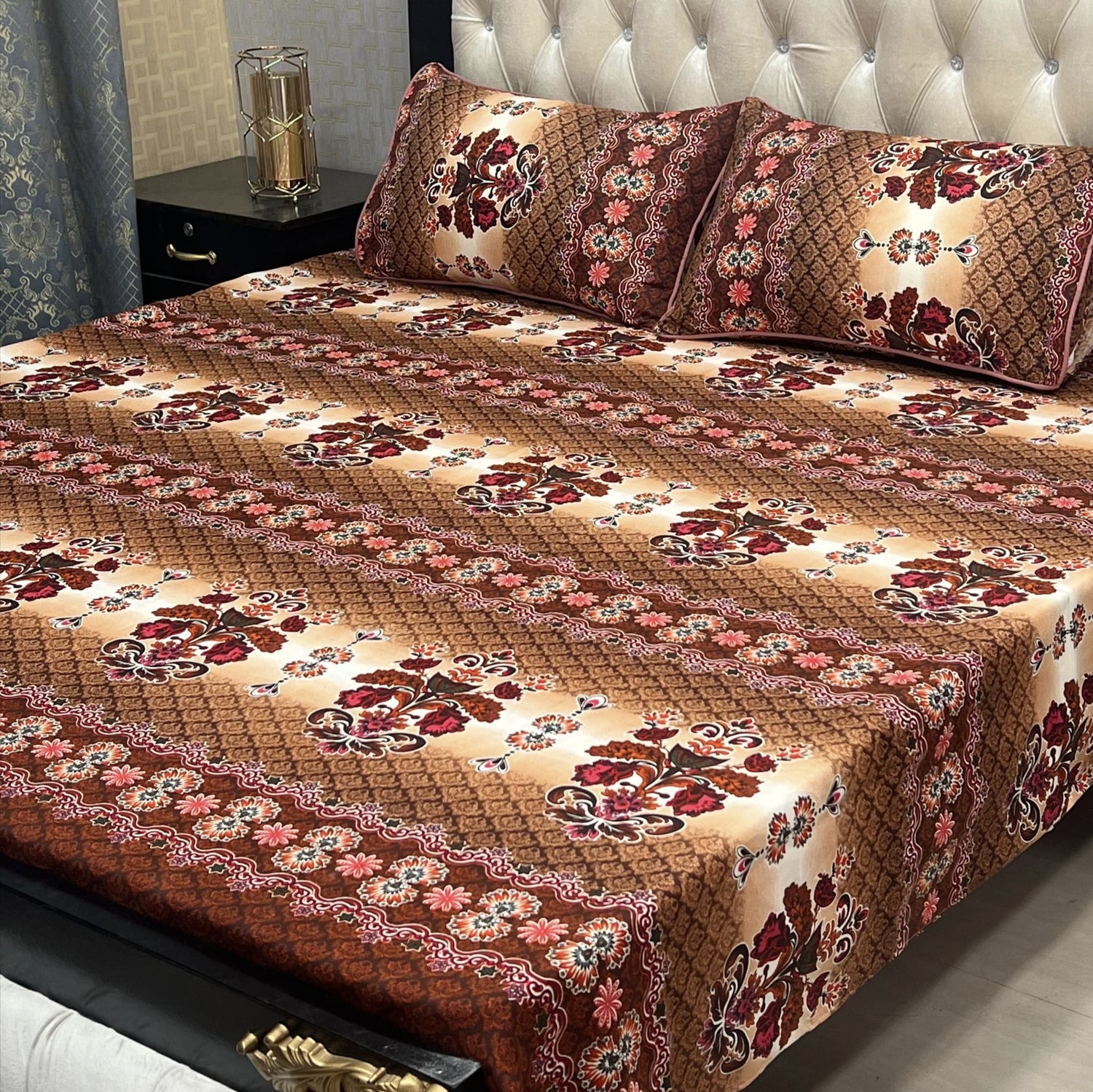 Soft Crystal Cotton Bed Sheets - Romantic Floral Maroon King Size - Fashion Home Store