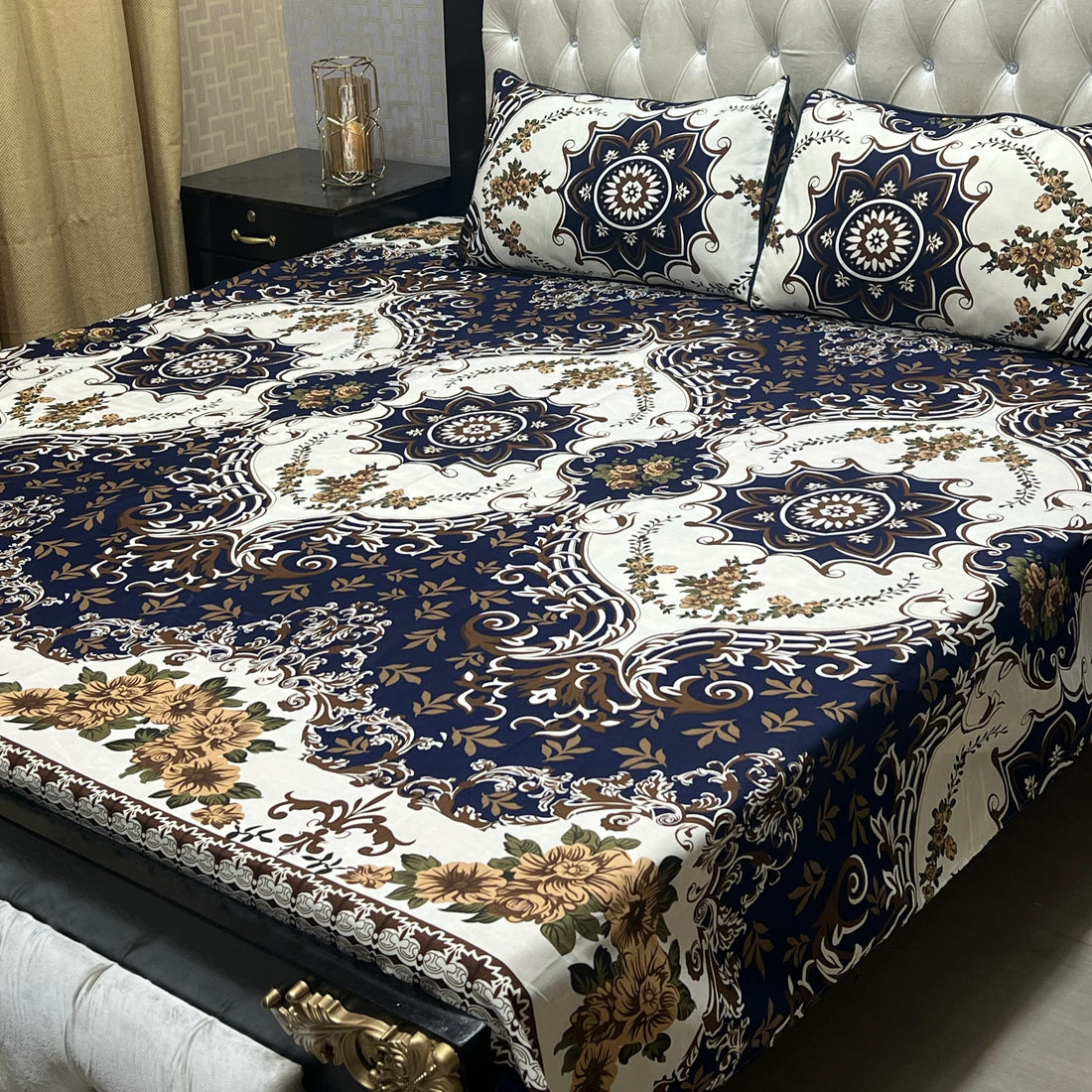 Elegant Floral King Size Cotton Bed Sheet Set – Dark Blue with White &amp; Beige Flowers