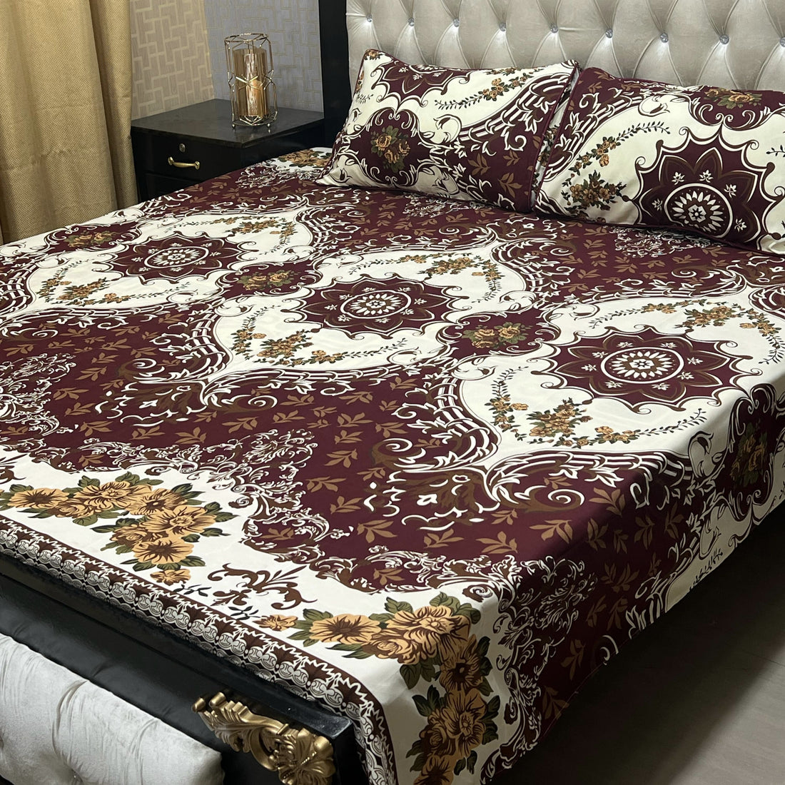 3D Crystal King Size Floral Cotton Bed Sheet Set – Vibrant Red &amp; Blue Design