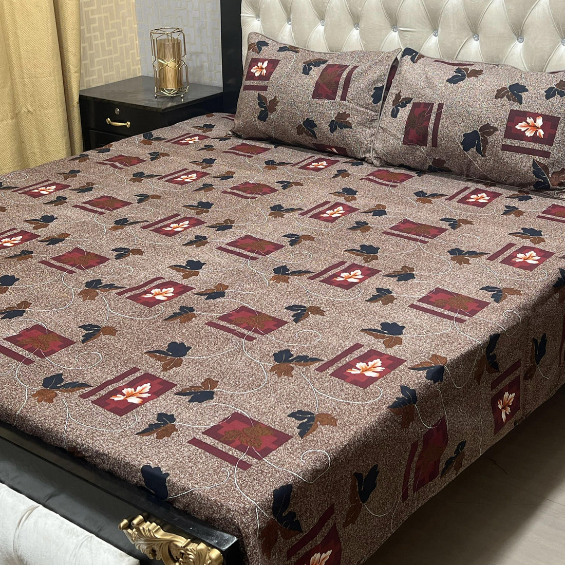Classic Brown Floral Cotton Bed Sheets – Elegant Bedroom Set